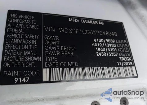2019 Mercedes-Benz Sprinter 2500 High Roof V6 from USA, damaged, VIN WD3PF1CD6KP048348